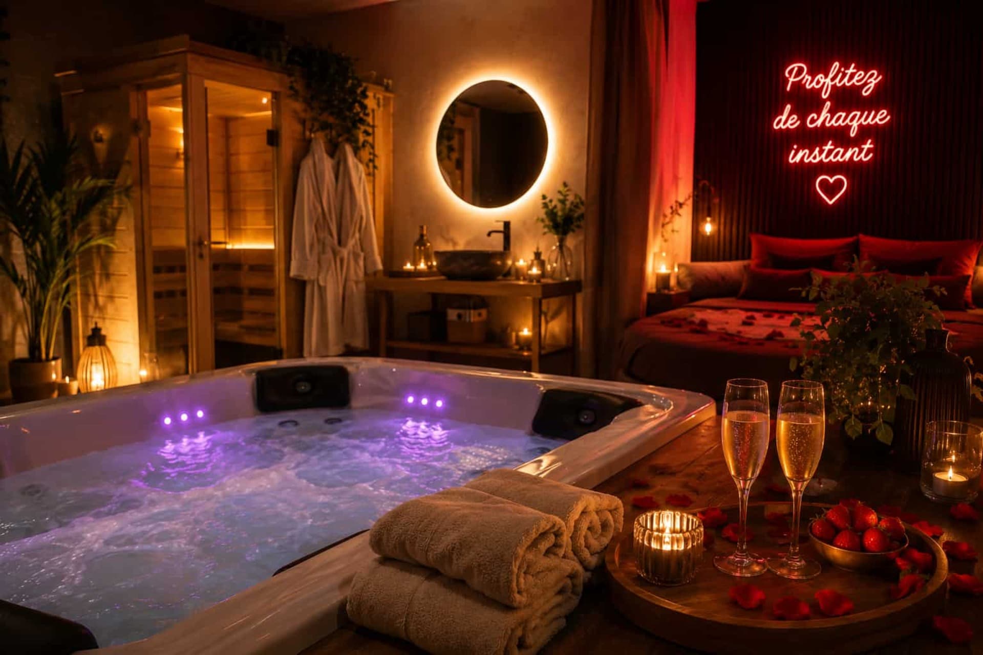 Couple détendu profitant d'un jacuzzi privatif dans une ambiance romantique